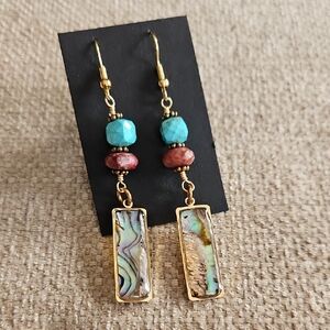 Gold-Tone Abalone Drop Earrings with Turquoise & Coral Beads